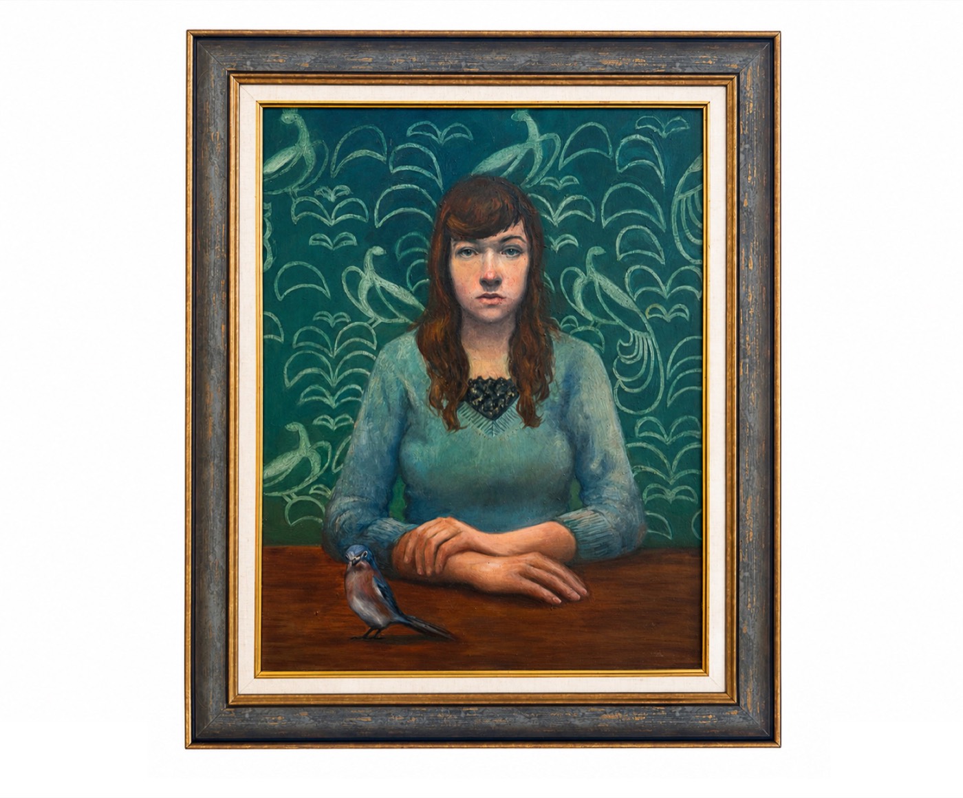 Oil portrait of a figure at a table with a small bird, teal wall