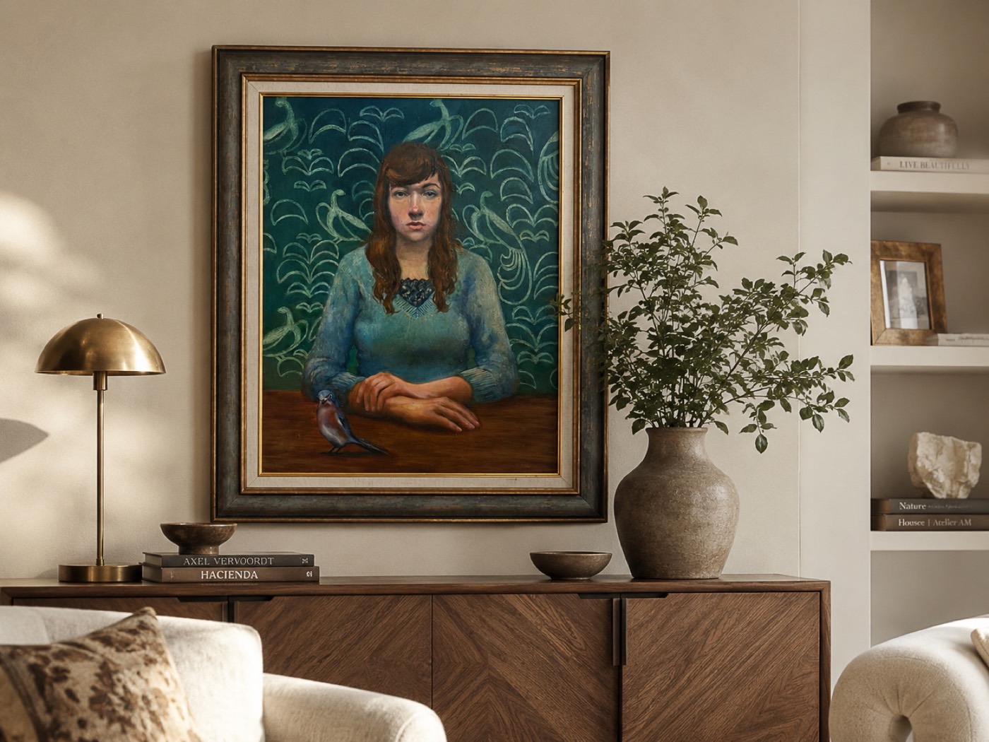 Oil portrait of a figure at a table with a small bird, above a credenza