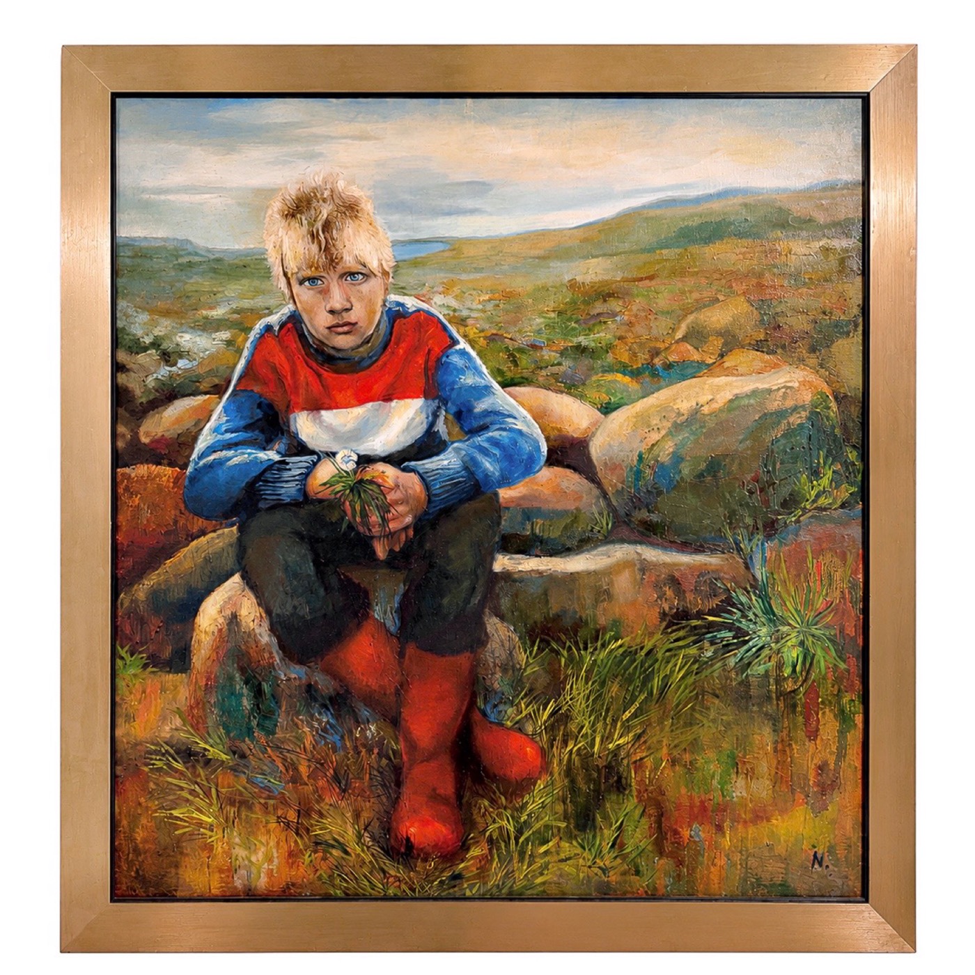 Oil painting of a boy in a red-striped sweater in a moorland landscape