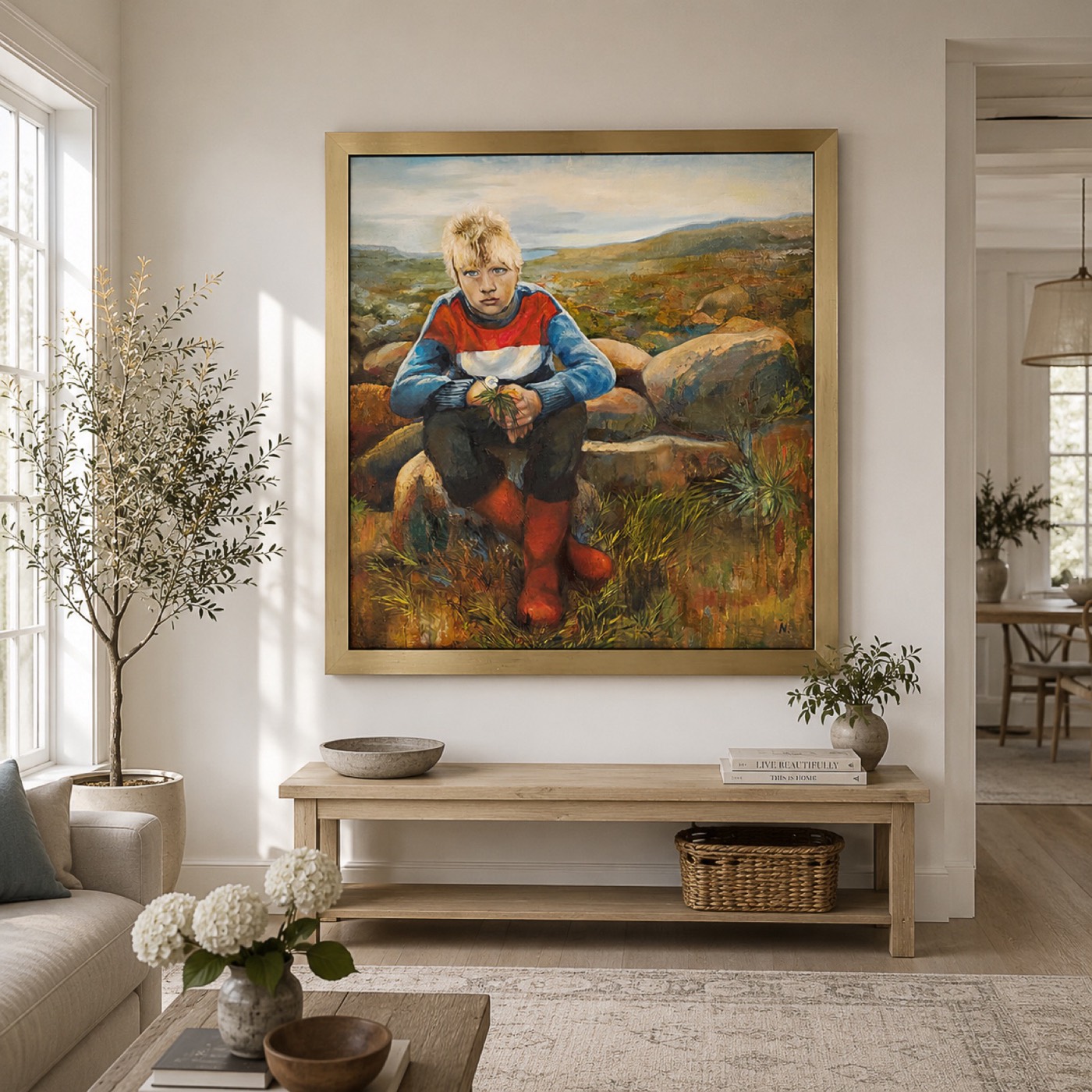 Oil painting of a boy in a moorland landscape, gold frame in an entryway