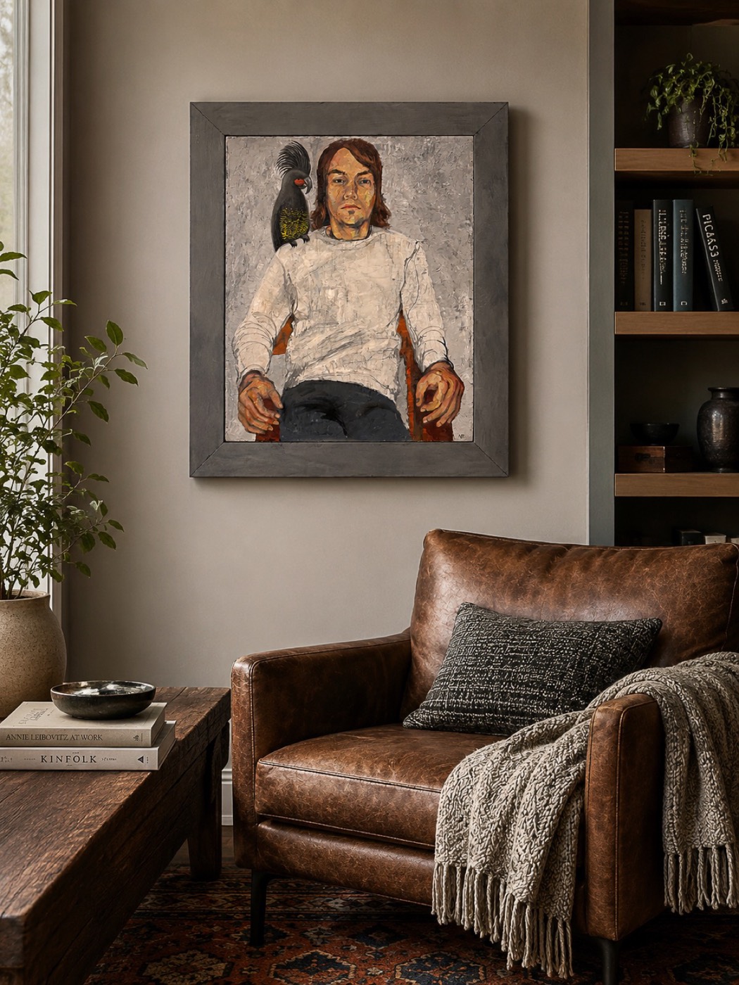 Oil portrait of a figure with a black cockatoo, above a leather chair