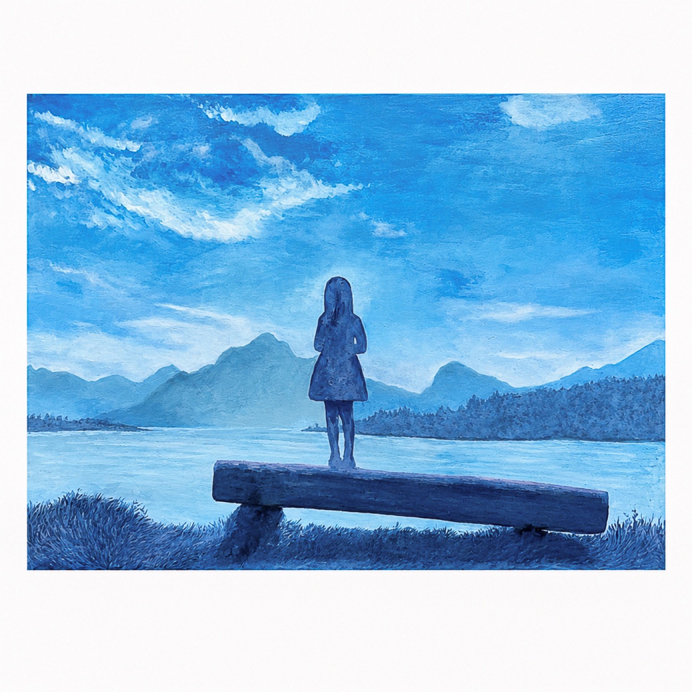 Blue monochrome oil painting of a figure on a bench before a mountain lake