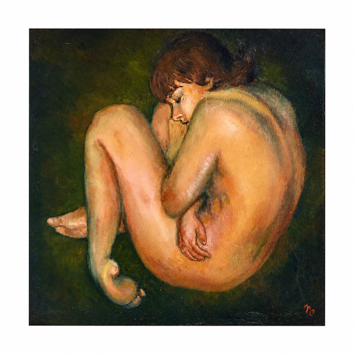 Oil painting of a curled nude figure against a deep green ground