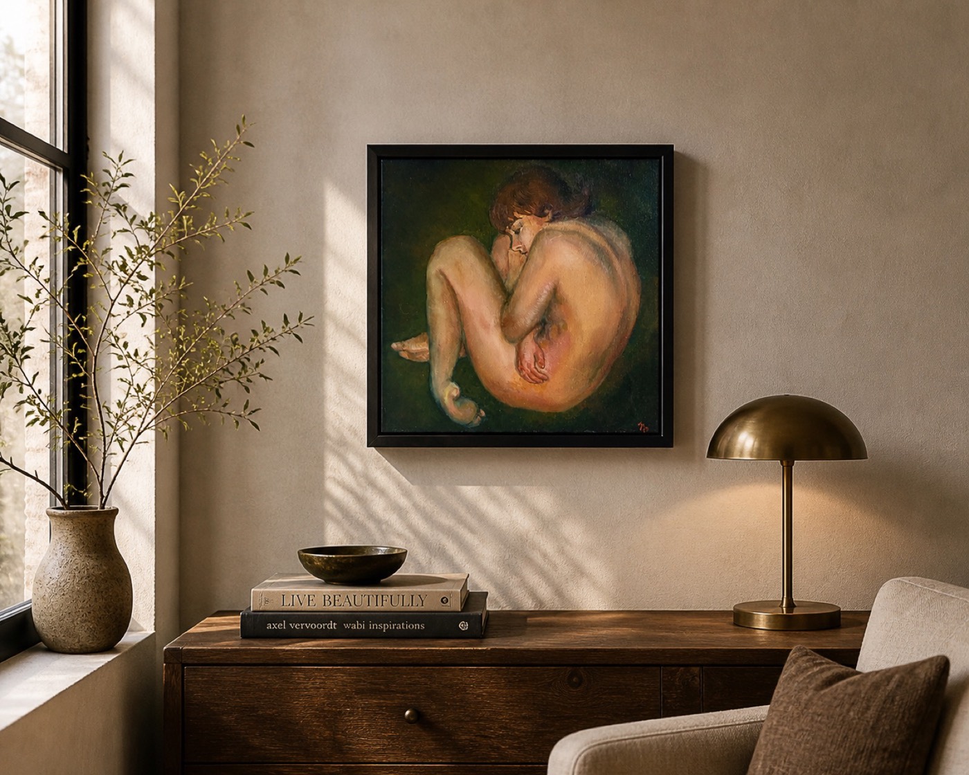 Oil painting of a curled nude figure on green, above a dresser
