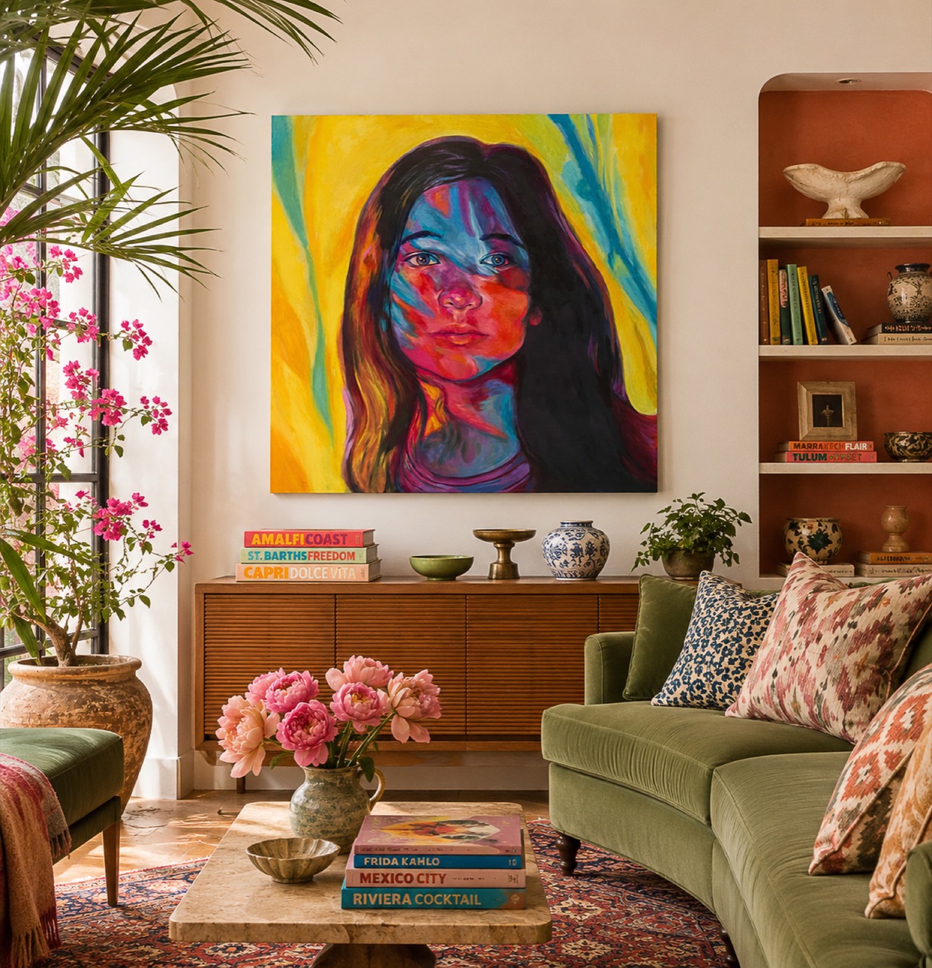 Bold color-blocked oil portrait above a credenza