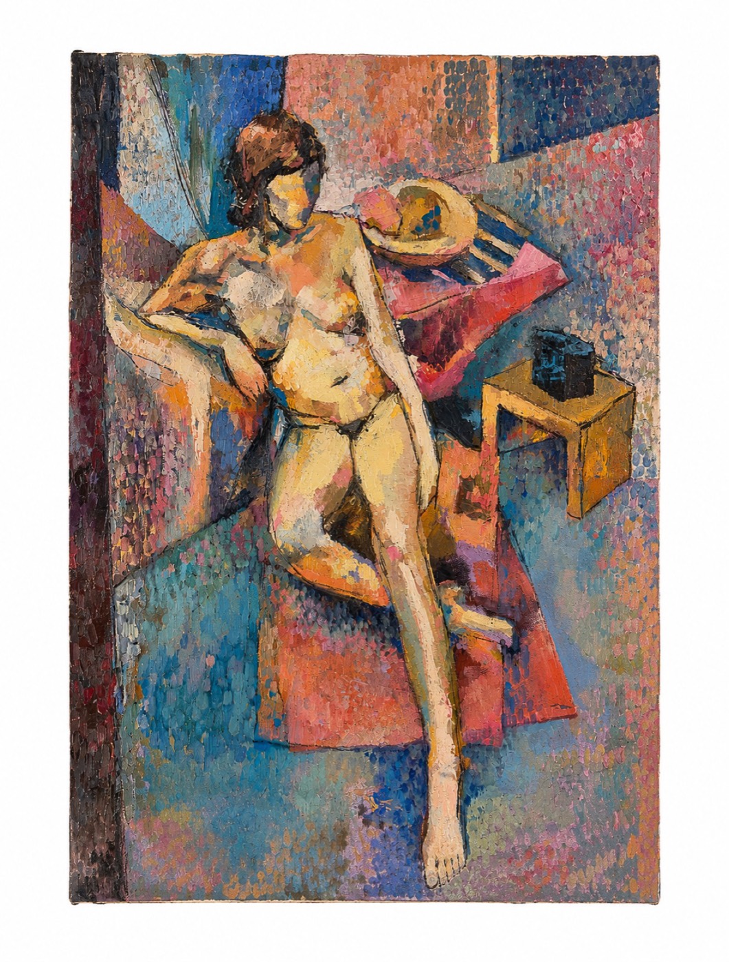 Cubist-inflected oil painting of a reclining nude with a hat